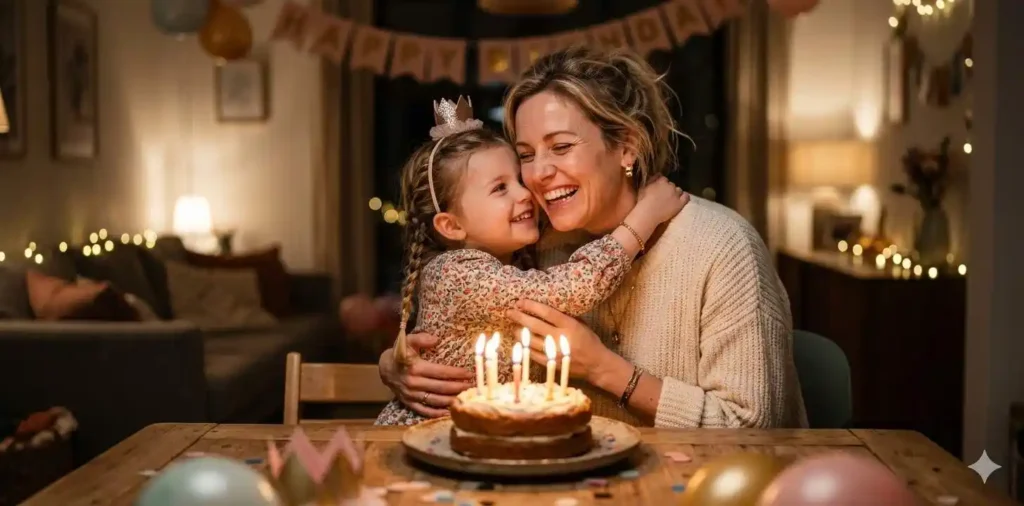 Mother celebrating birthday with her child