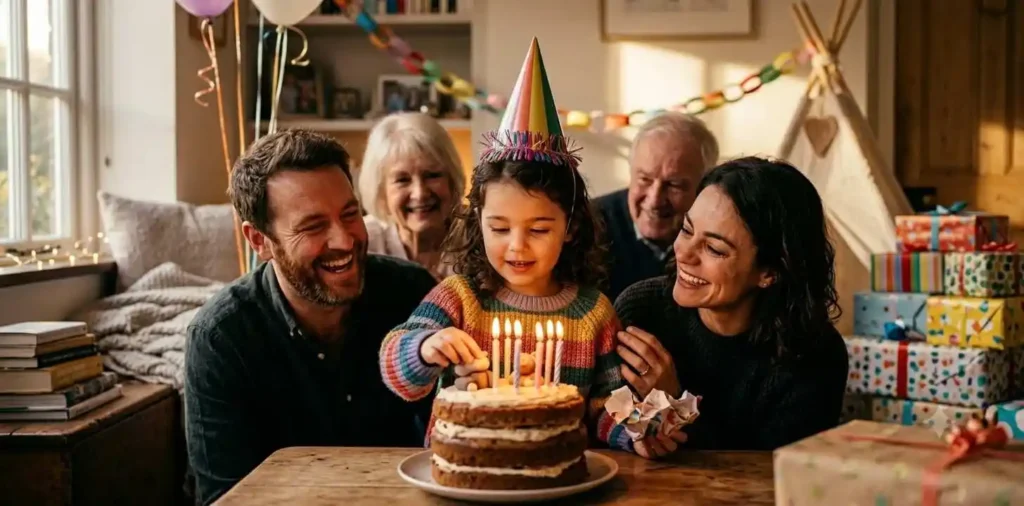 Child smiling beside colorful birthday cake