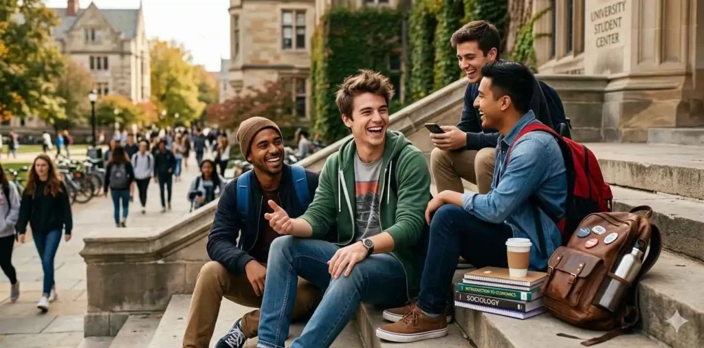 Student walking across lively university campus