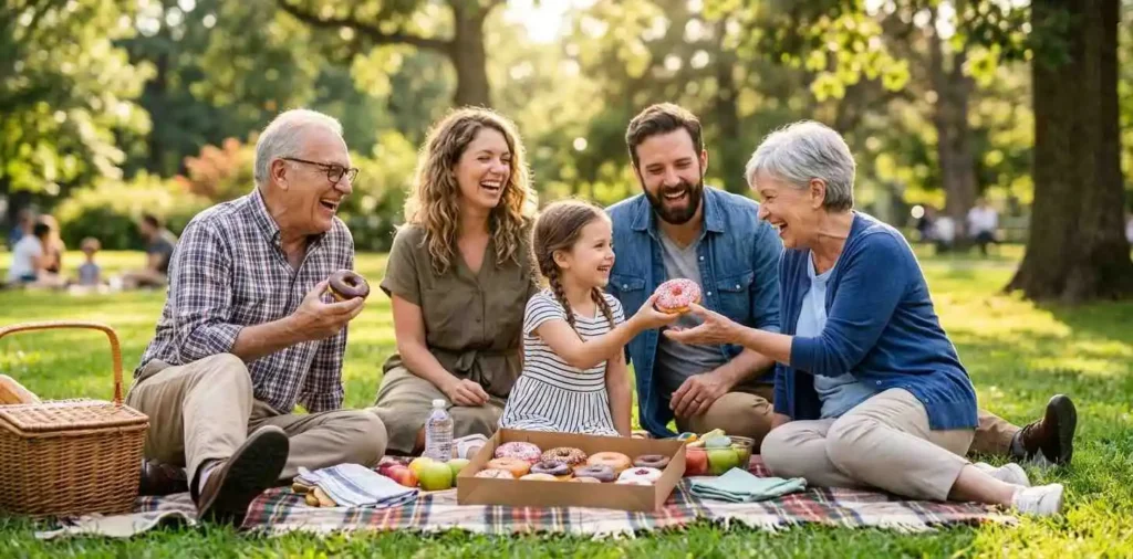 Family enjoying colorful donuts at a bakery