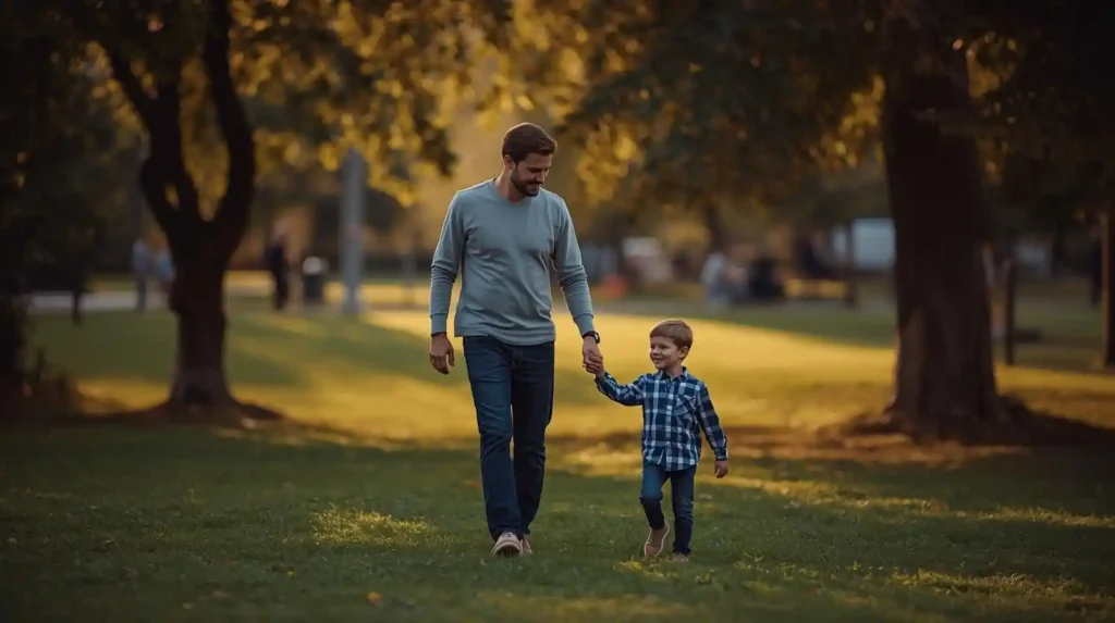 Father and son walking together in park
