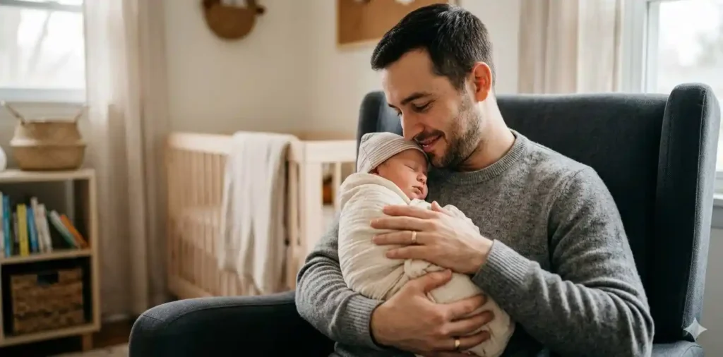 Father holding newborn baby softly