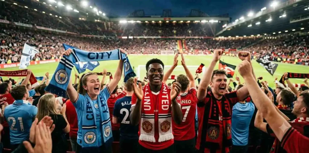 Football supporters cheering in packed stadium