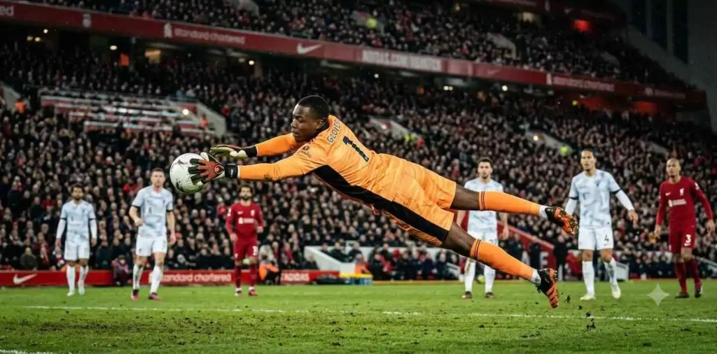 Goalkeeper diving to save football shot