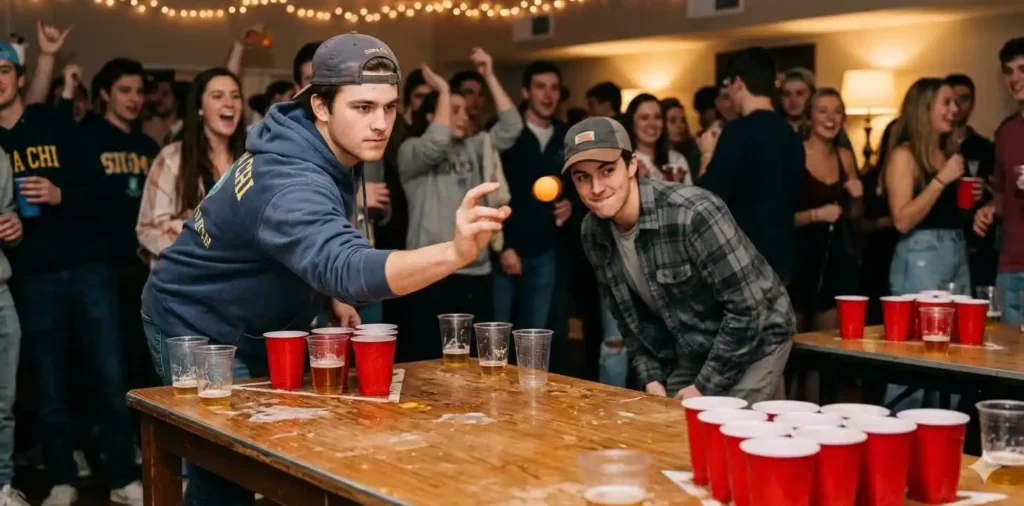 Students playing beer pong at a party