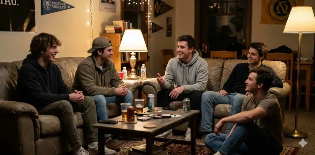 Friends sharing late night conversation indoors