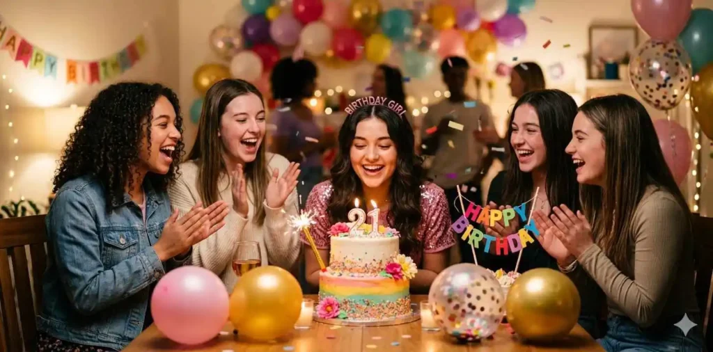 Girls celebrating birthday with cake and balloons