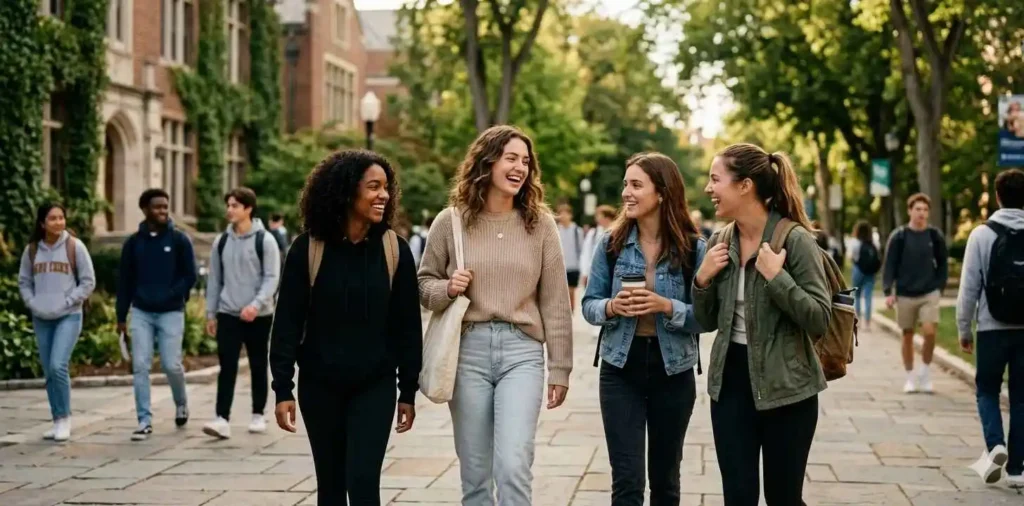 College girls walking and smiling on campus