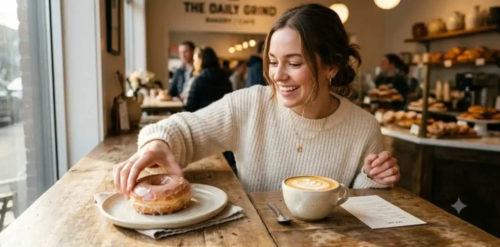 Fresh glazed donut beside hot coffee