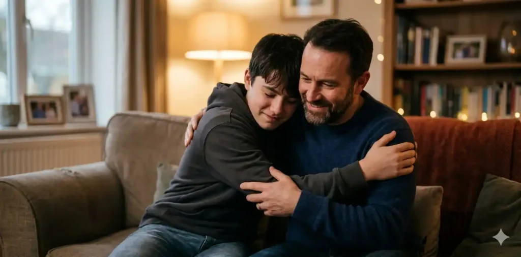 Child hugging father in warm home moment