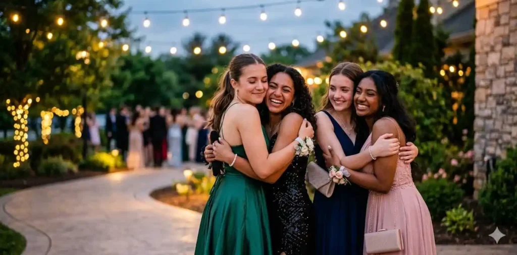 Friends sharing emotional prom night moment