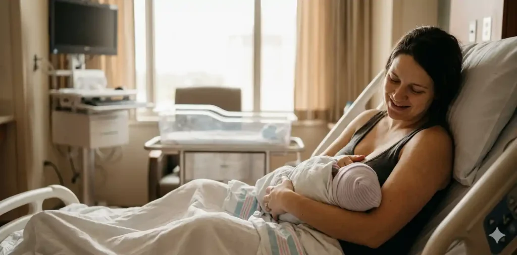 Mother holding newborn baby in soft light