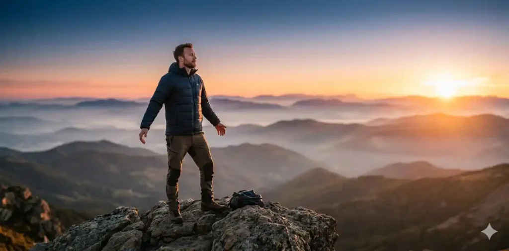 Man standing on mountain during sunrise