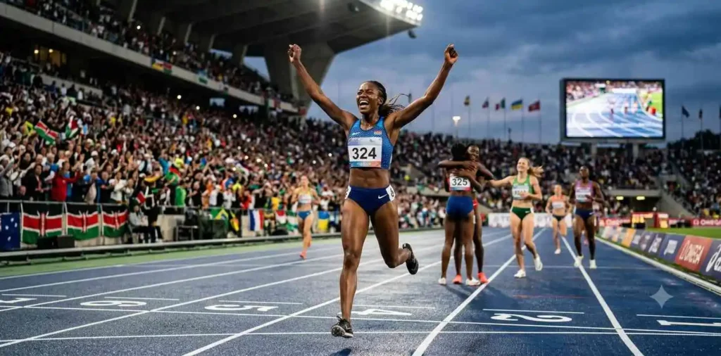 Athlete celebrating victory on running track