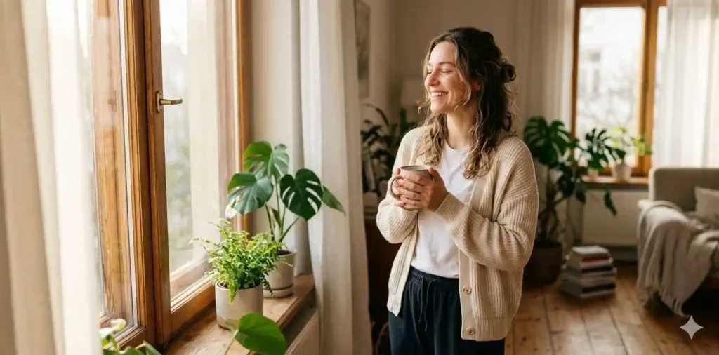 Woman smiling confidently by sunny window