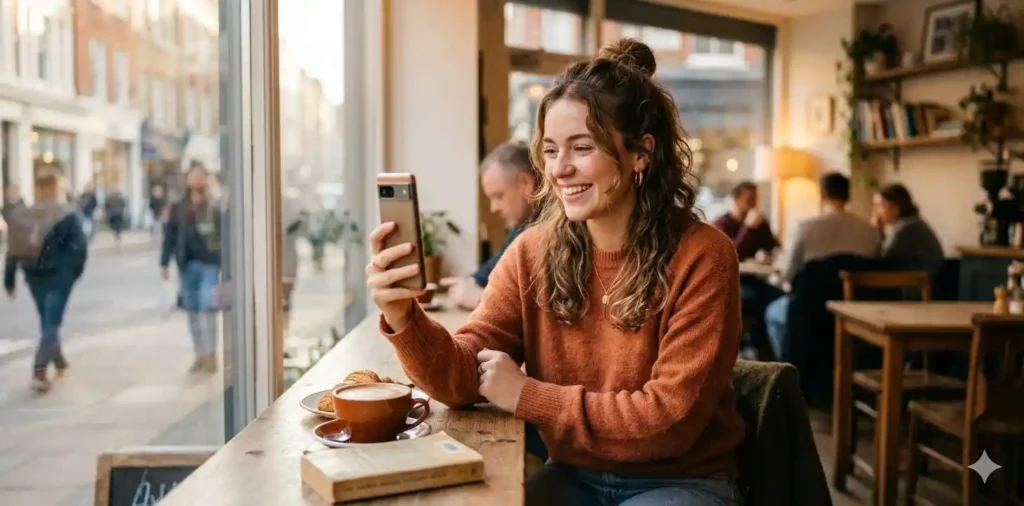 Woman smiling while taking coffee shop selfie