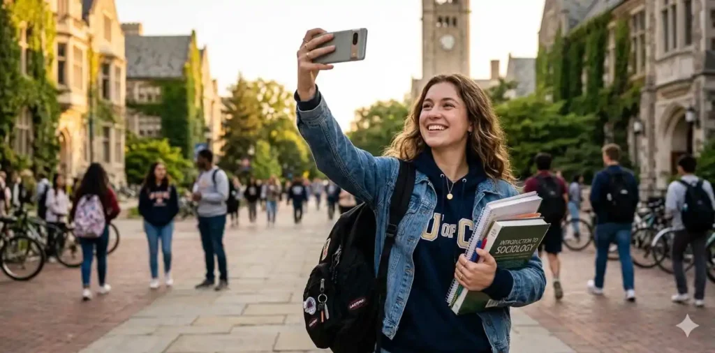 Student taking selfie on university campus
