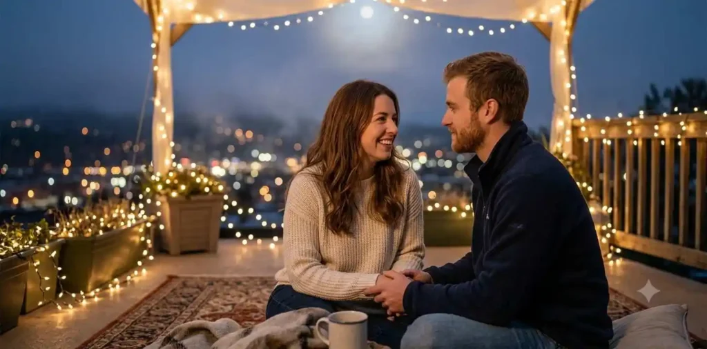Couple enjoying city lights at night