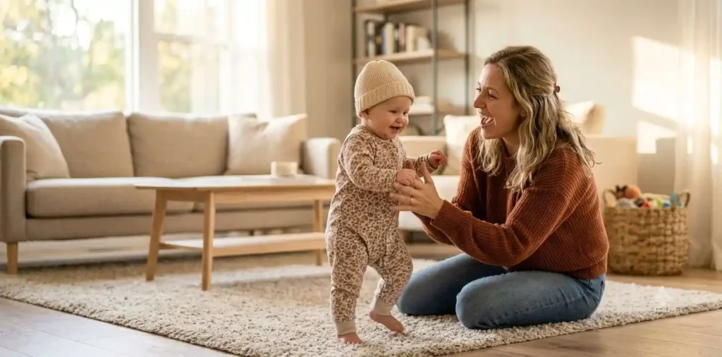 Mother cheering baby's first steps indoors