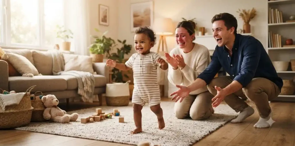 Baby taking first steps toward smiling parents