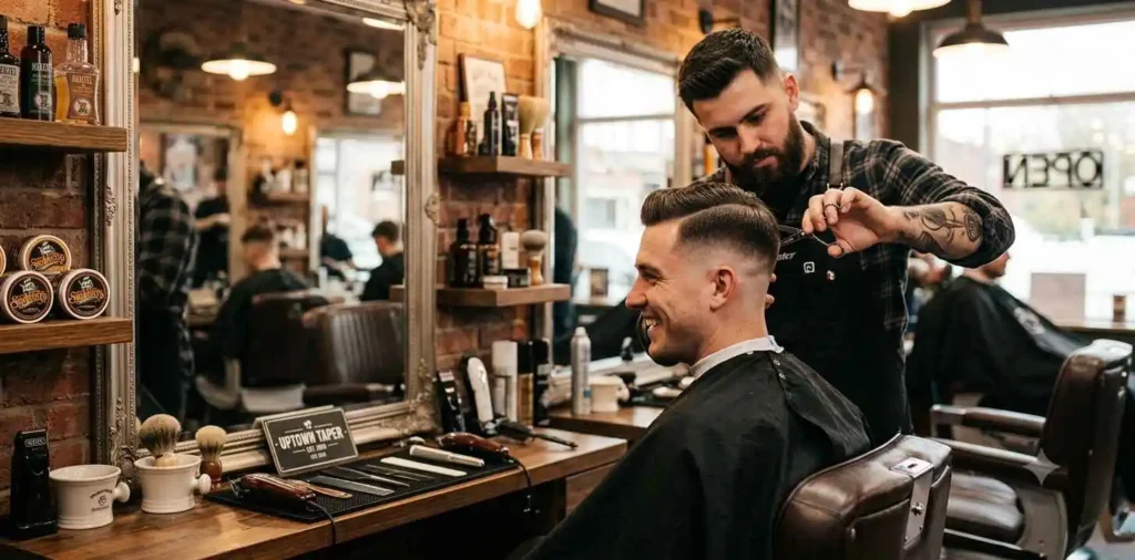 Barber finishing a modern fade haircut