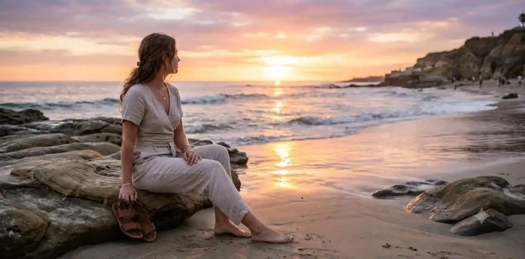 Woman watching sunset beside gentle ocean waves