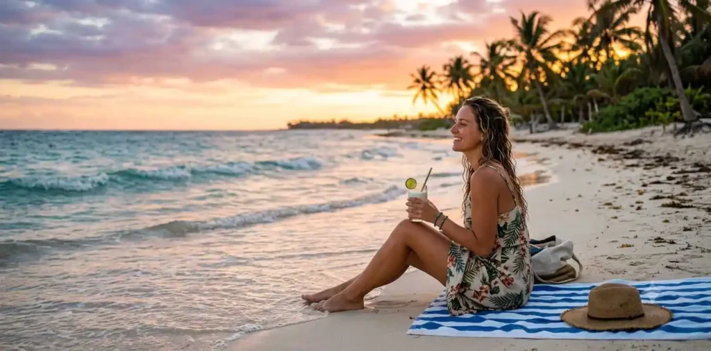 Traveler relaxing on tropical beach