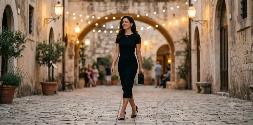 Woman wearing an elegant black dress outdoors