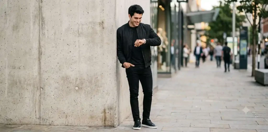 Young man wearing a stylish all-black outfit