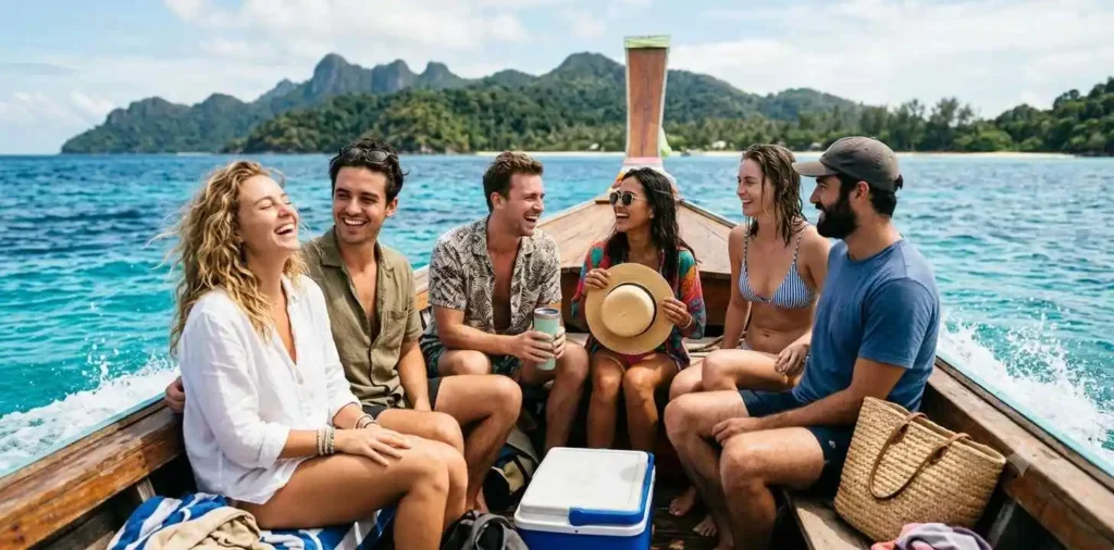 Friends enjoying a tropical boat ride