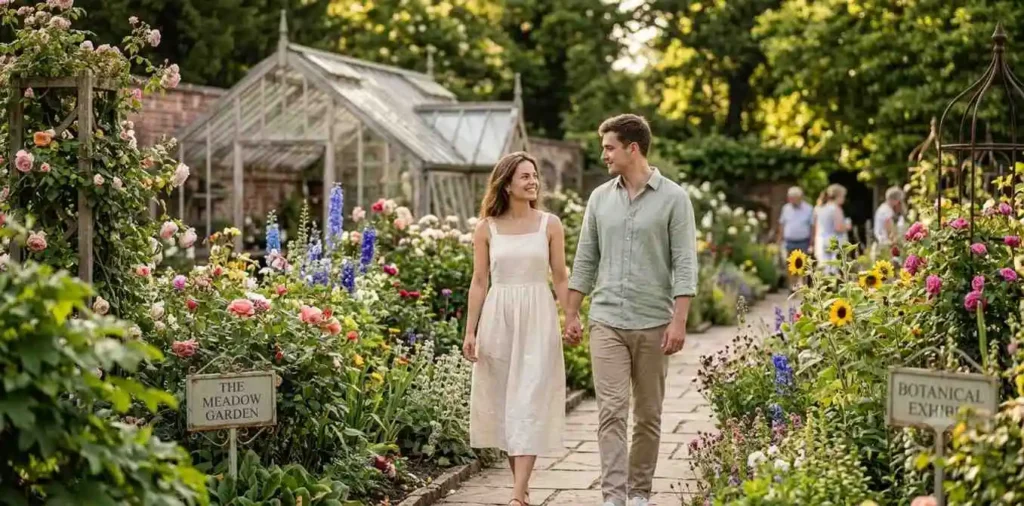 Woman admiring colorful flowers in botanical garden