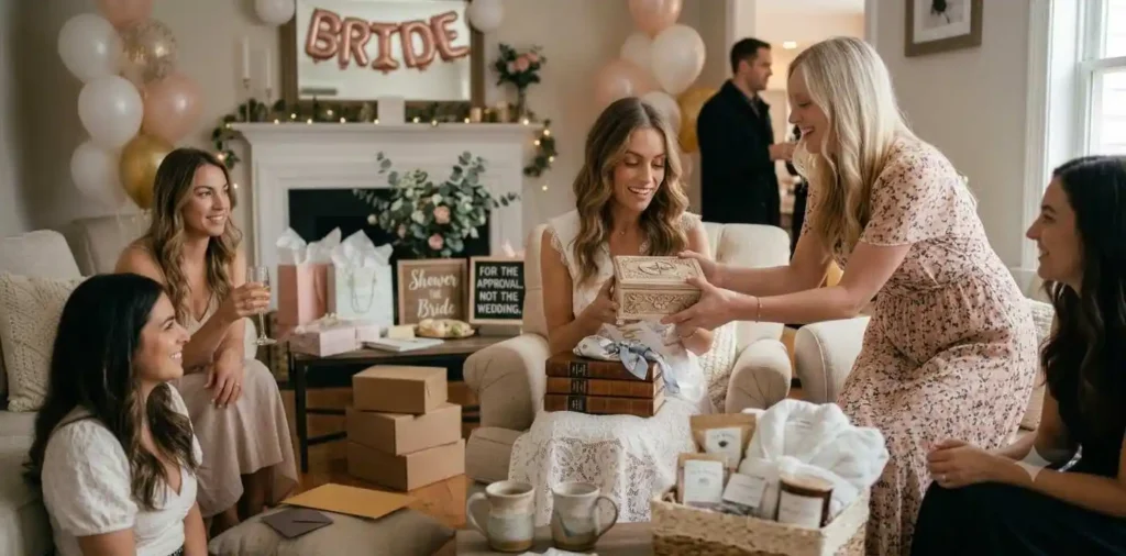 Bride opening thoughtful gifts with smiling friends