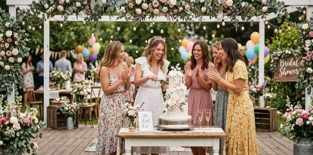 Bride celebrating with friends at shower party