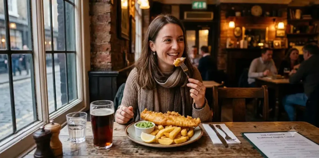 Traveler enjoying British food
