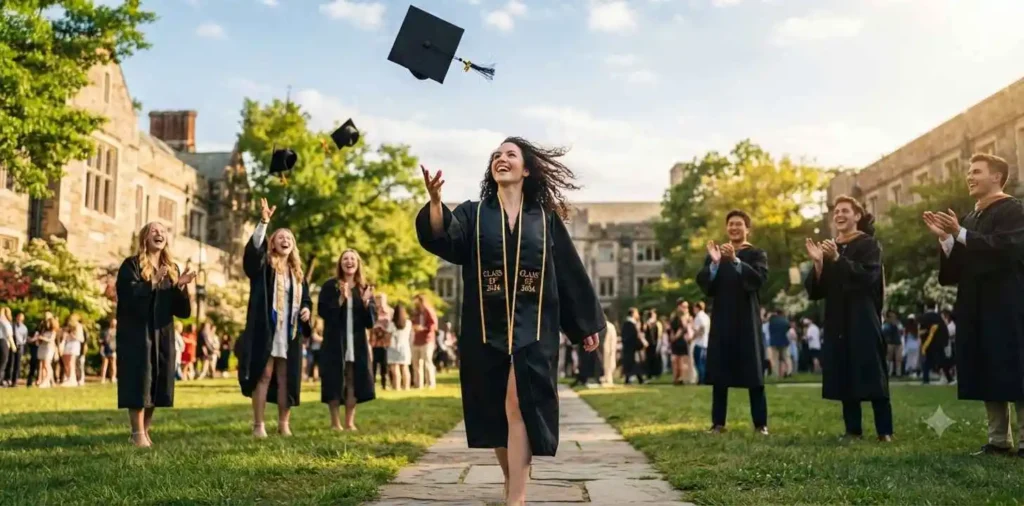 Graduate celebrating in cap and gown outdoors