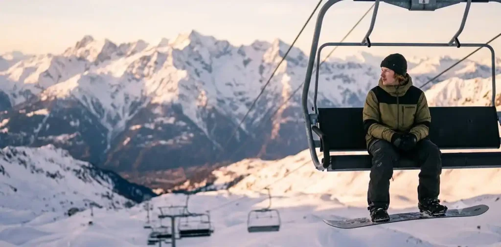 Solo snowboarder enjoying mountain chairlift