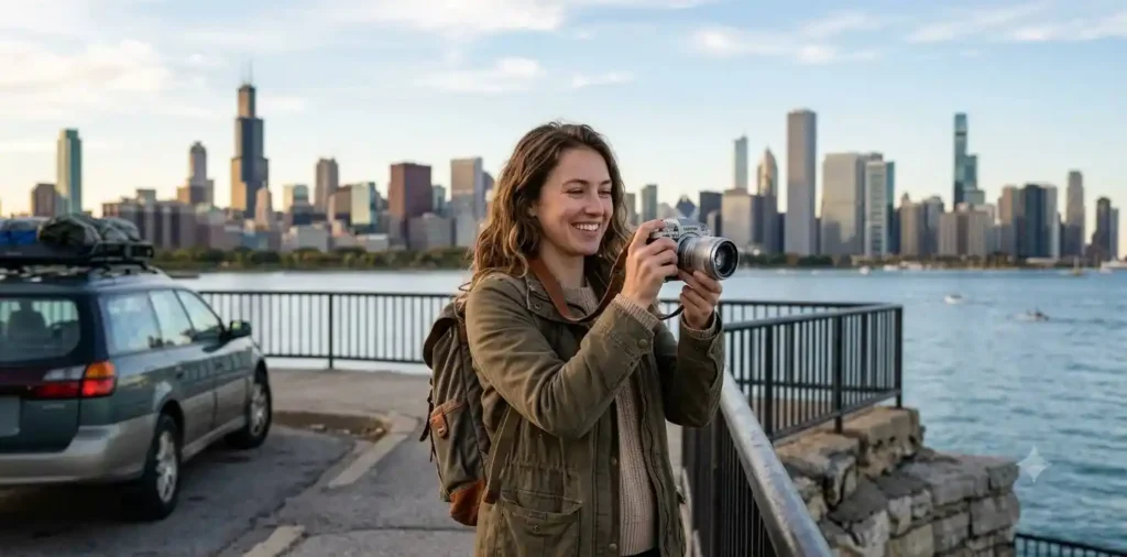 Traveler photographing Chicago skyline