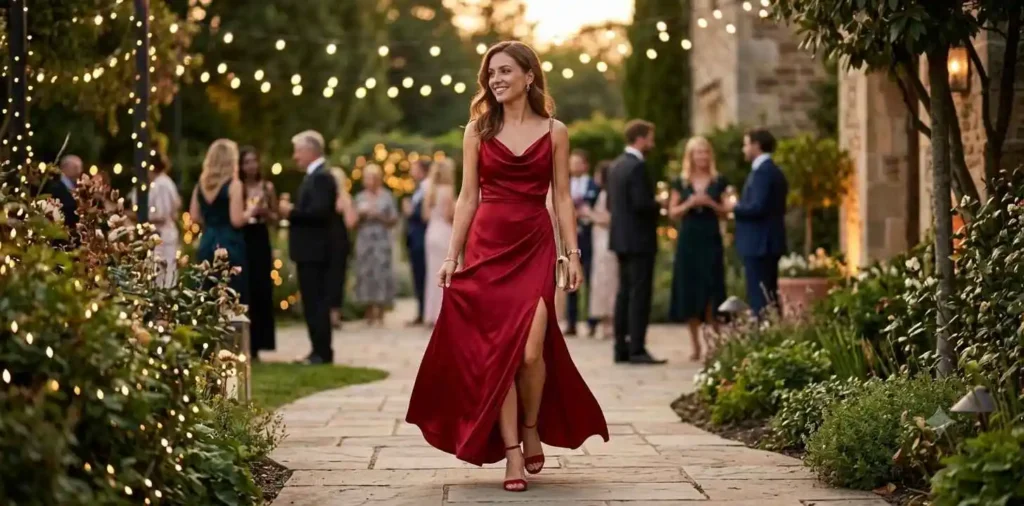 Woman wearing elegant red dress outdoors