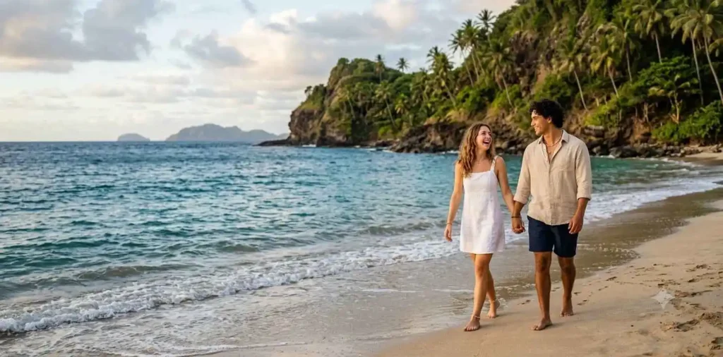 Couple walking along a scenic island coast