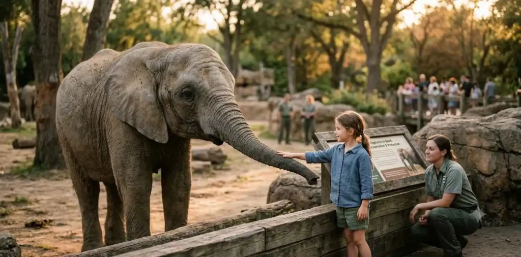 Child admiring rescued elephant peacefully