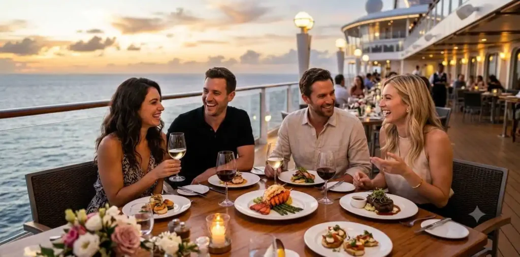Friends enjoying gourmet cruise dinner