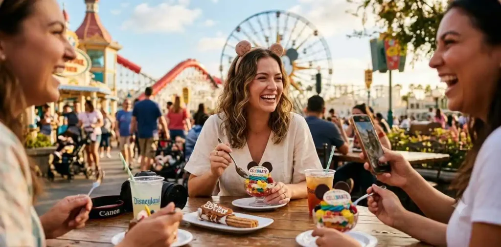 Traveler enjoying themed park dessert