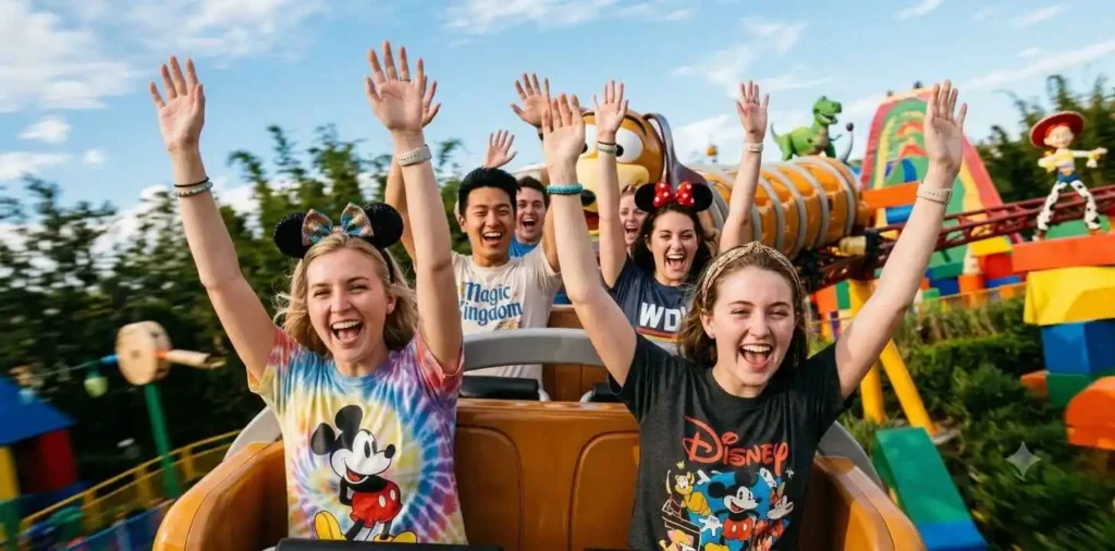 Friends enjoying thrilling theme park ride