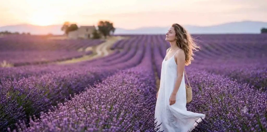 Woman standing in a blooming lavender field