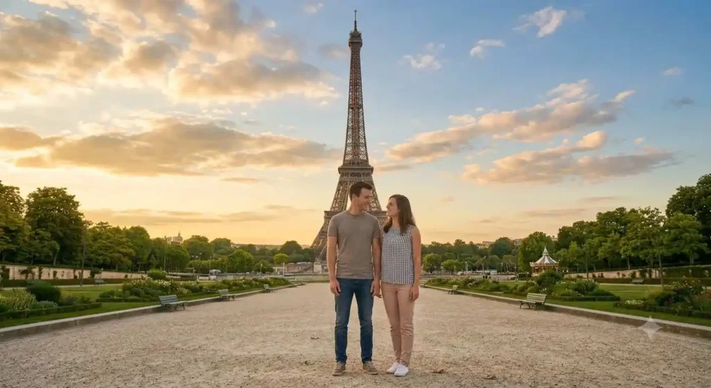 Couple walking beneath the Eiffel Tower at sunset