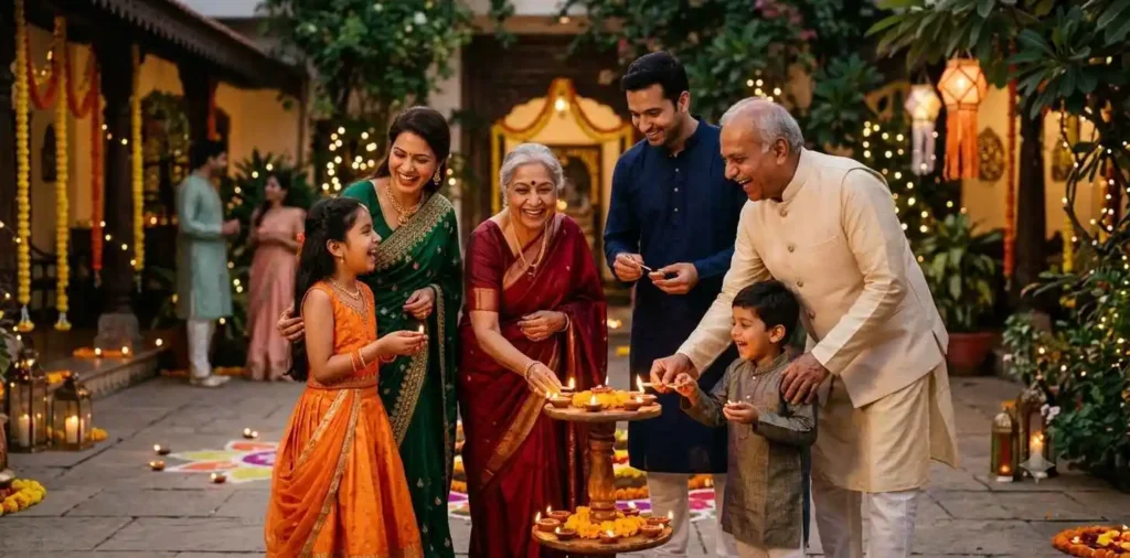 Family celebrating together in traditional outfits