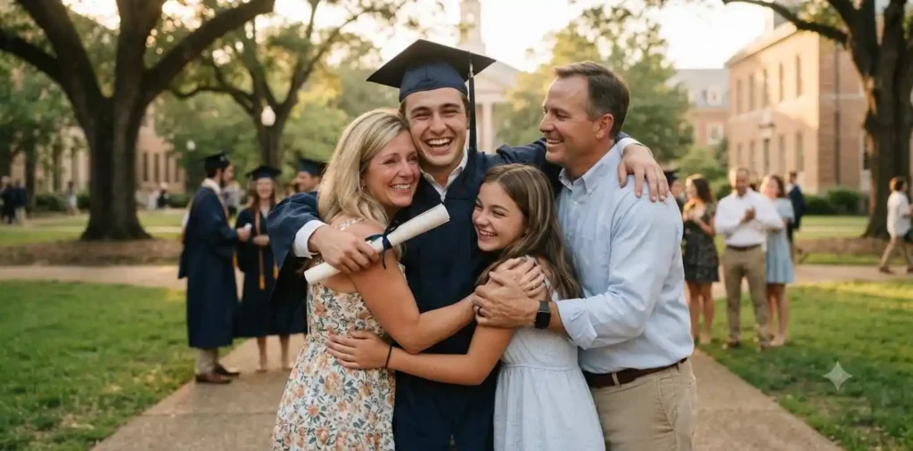 Family celebrating graduate milestone together