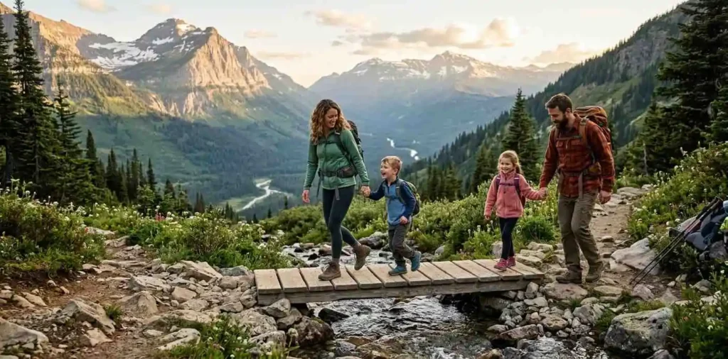 Family hiking together on a scenic mountain trail