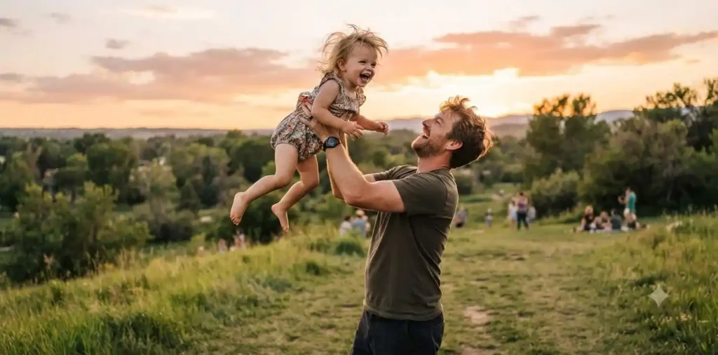Father lifting smiling toddler in the park