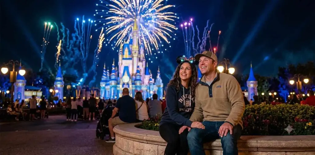 couple watching fireworks at theme park